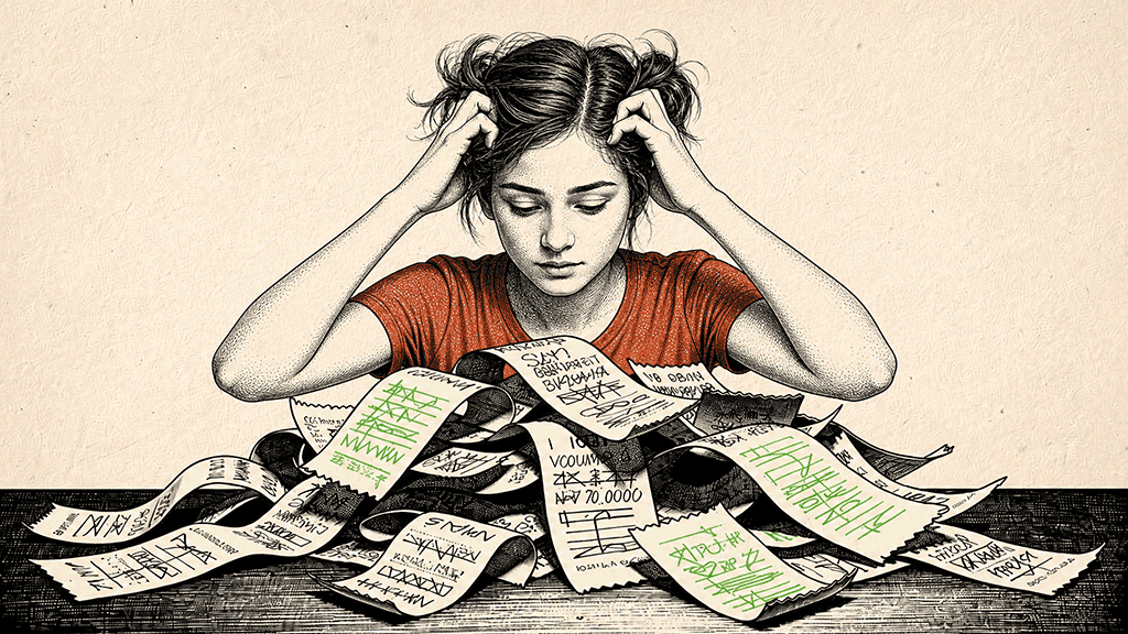 Illustration of a stressed landlord with hands in her hair over a chaotic pile of paper receipts