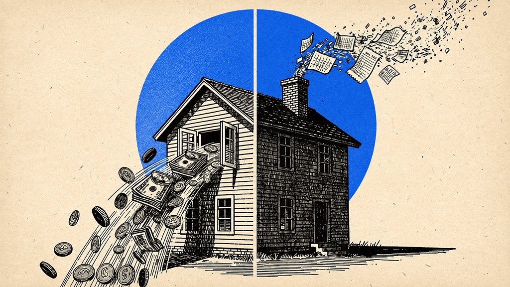 Illustration of a house split in two, with money pouring from one window and paperwork flying from the chimney