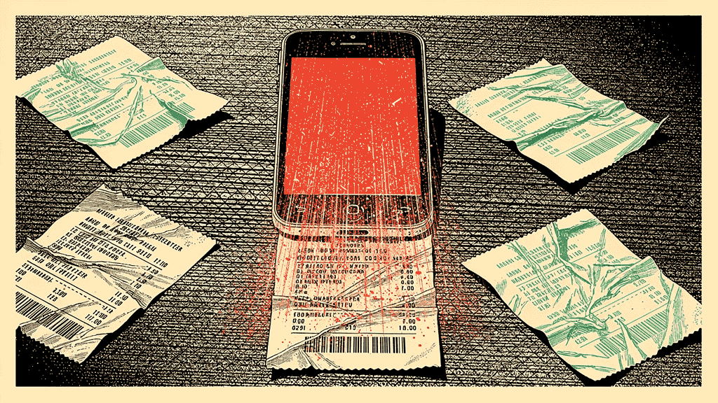 Illustration of a phone scanning a paper receipt with red light, surrounded by crumpled receipts