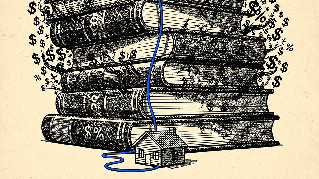 Illustration of a small house at the base of a towering stack of accounting ledgers, with a blue line tracing a path up the spines