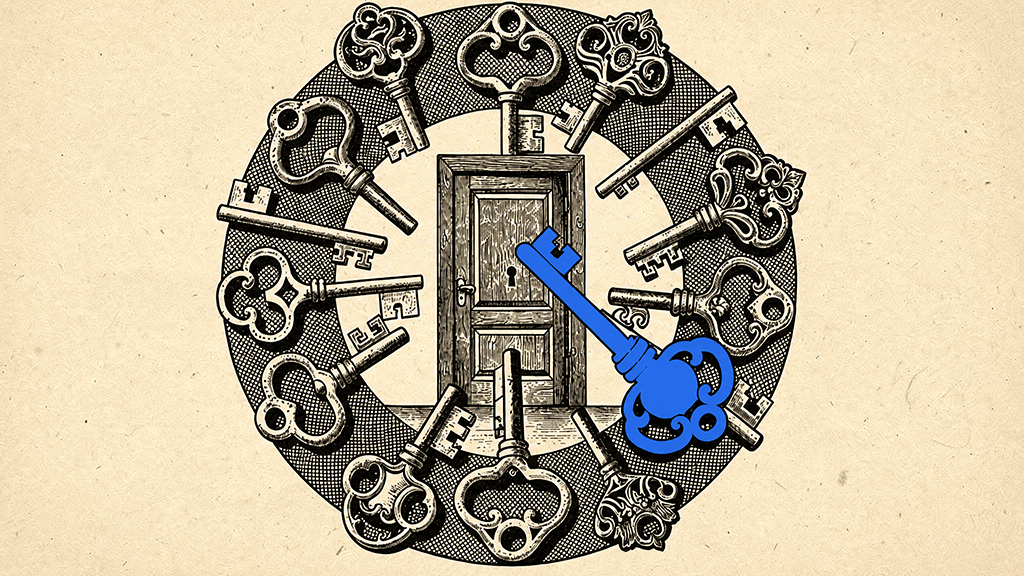 Illustration of a wooden door ringed by ornate skeleton keys, with one blue key unlocking the keyhole