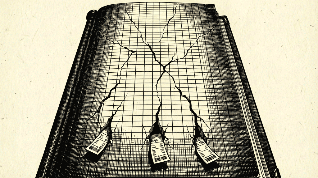 Illustration of a giant open ledger with grid pages cracked apart and receipts bursting through the tears