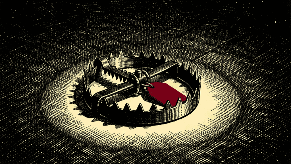 Woodcut illustration of an open metal jaw trap with a red price tag on the trigger