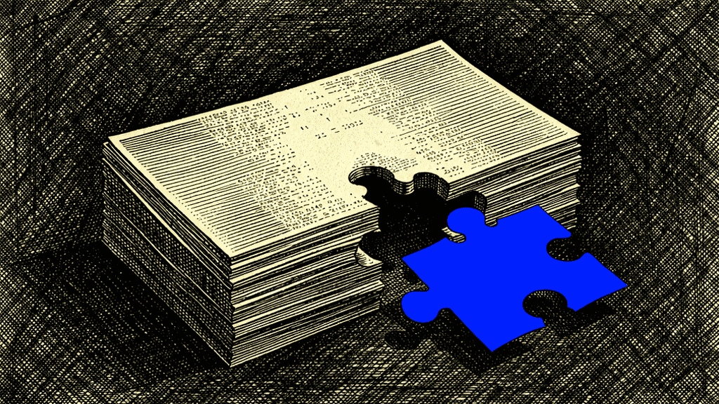 Illustration of a stack of documents with a puzzle-piece hole cut through, and a blue puzzle piece lying beside it