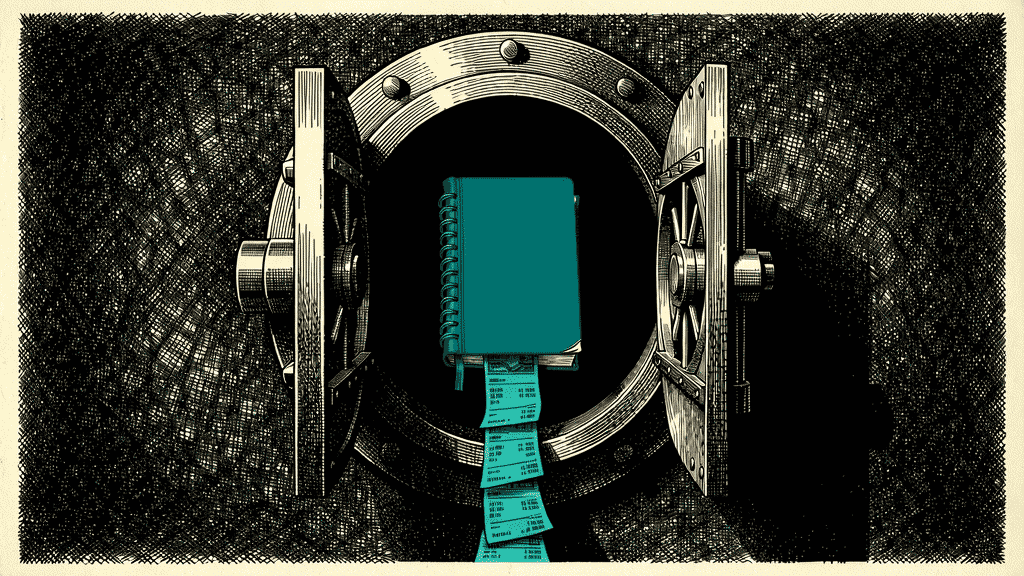 Illustration of an open bank vault with a teal ledger and receipts hanging from the center