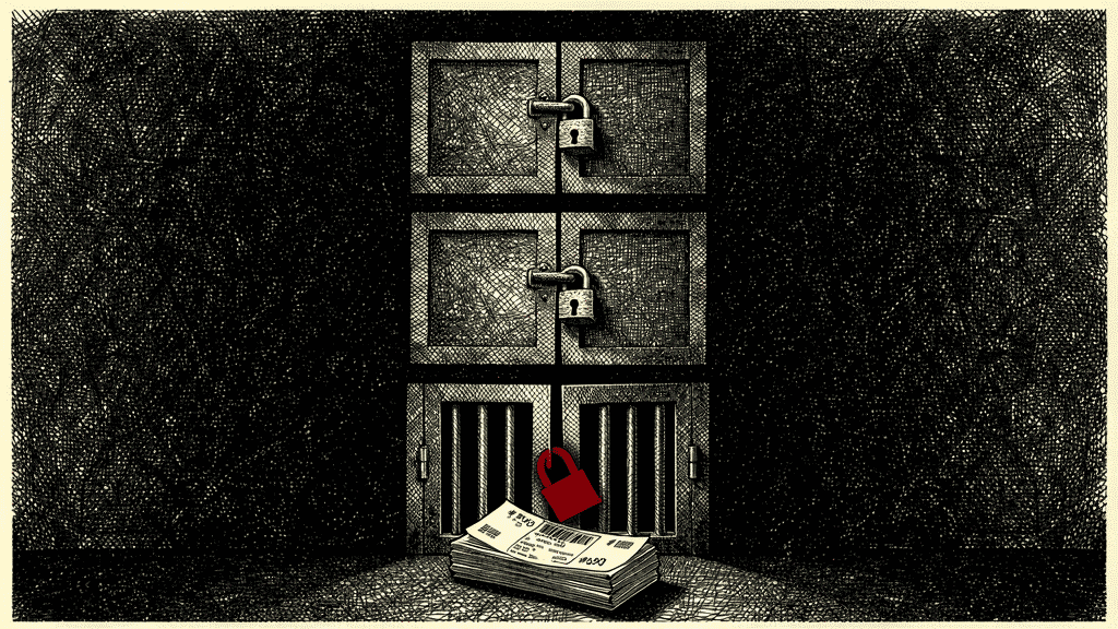 Illustration of stacked locked storage compartments with a red padlock on barred doors and a stack of documents in front