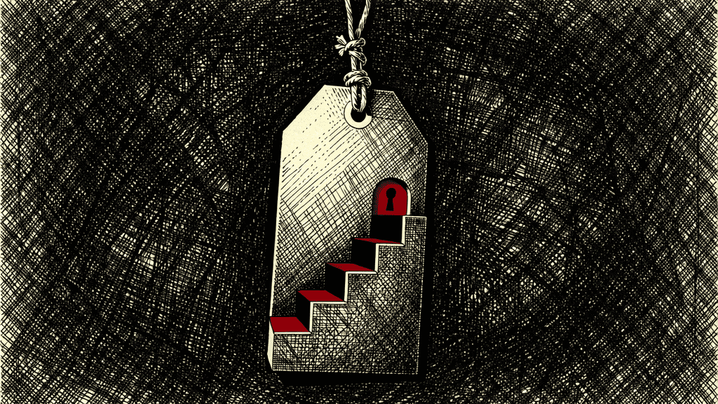 Illustration of a hanging price tag with red stairs leading up to a keyhole in an arched doorway