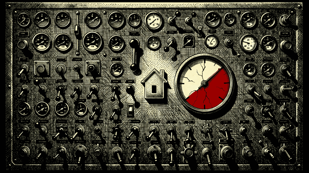 Illustration of a densely packed industrial control panel with a house icon at the center and a cracked gauge needle deep in the red