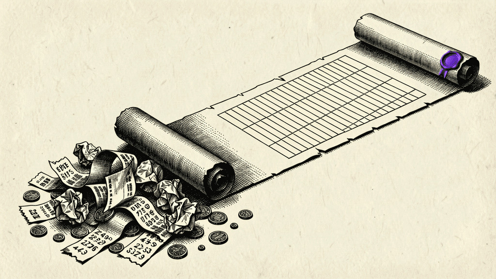Illustration of a parchment ledger scroll with a purple wax seal, receipts and coins spilling from the unrolled end