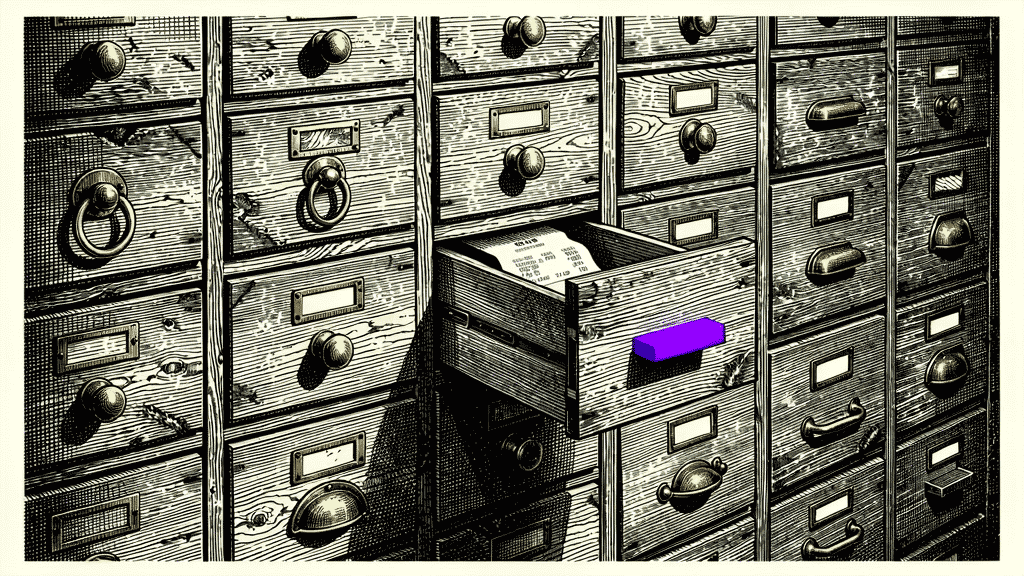 Illustration of a wall of wooden filing drawers with one drawer open, papers inside, and a purple block on the front
