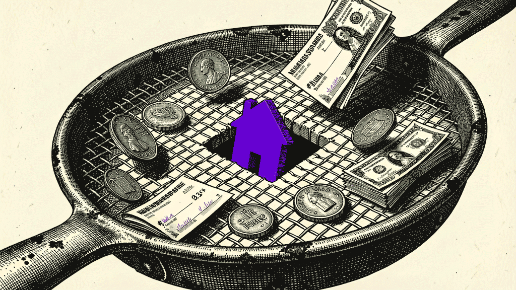 Illustration of a metal sieve holding coins, bills, and checks, with a purple house dropping through the mesh