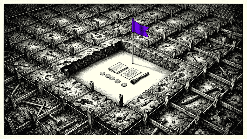 Illustration of an archaeological grid with coins and papers unearthed in the center square, marked by a purple flag