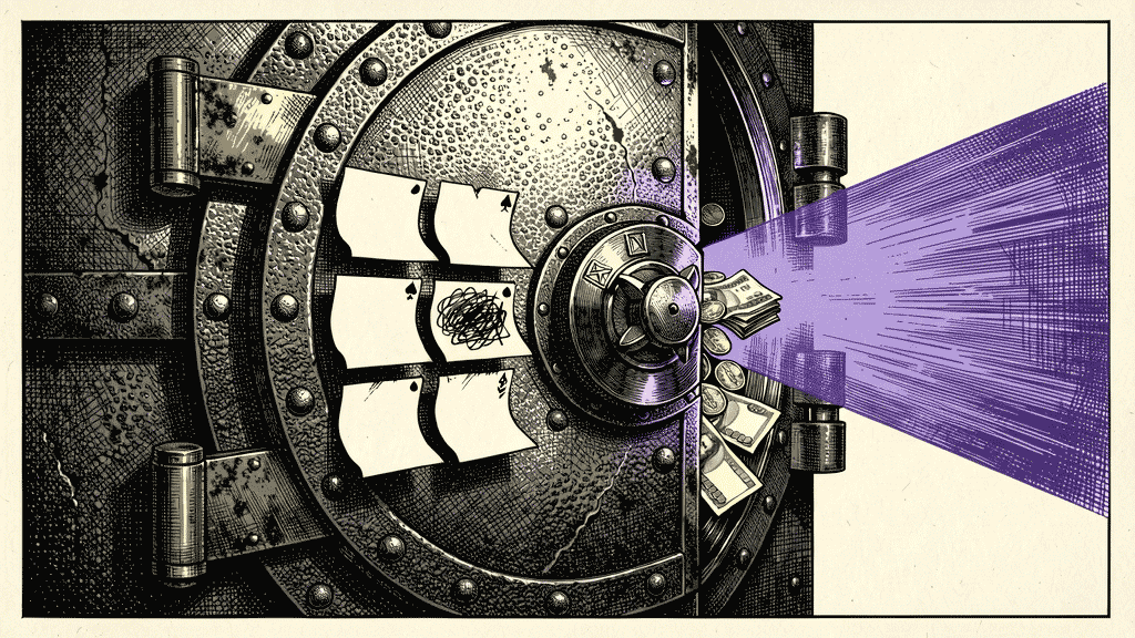 Illustration of a heavy vault door cracked open, with bills and coins spilling out into a beam of purple light