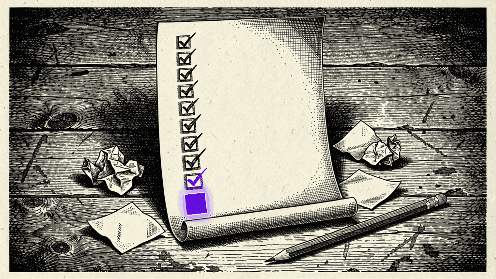 Illustration of a parchment checklist on a wooden table, with checked boxes, crumpled receipts, and a glowing purple empty checkbox