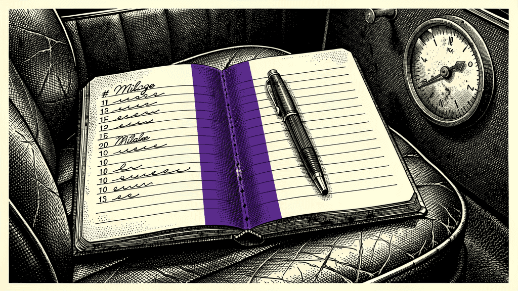 Illustration of an open mileage logbook on a cracked leather car seat, with a fountain pen, a purple ribbon bookmark, and a vintage analog clock