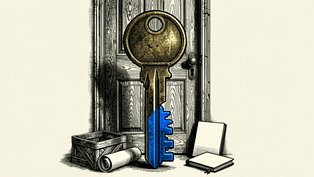 Illustration of a large brass key with a blue bit standing in front of a wooden door, with a crate, a rolled plan, and notebooks on the floor