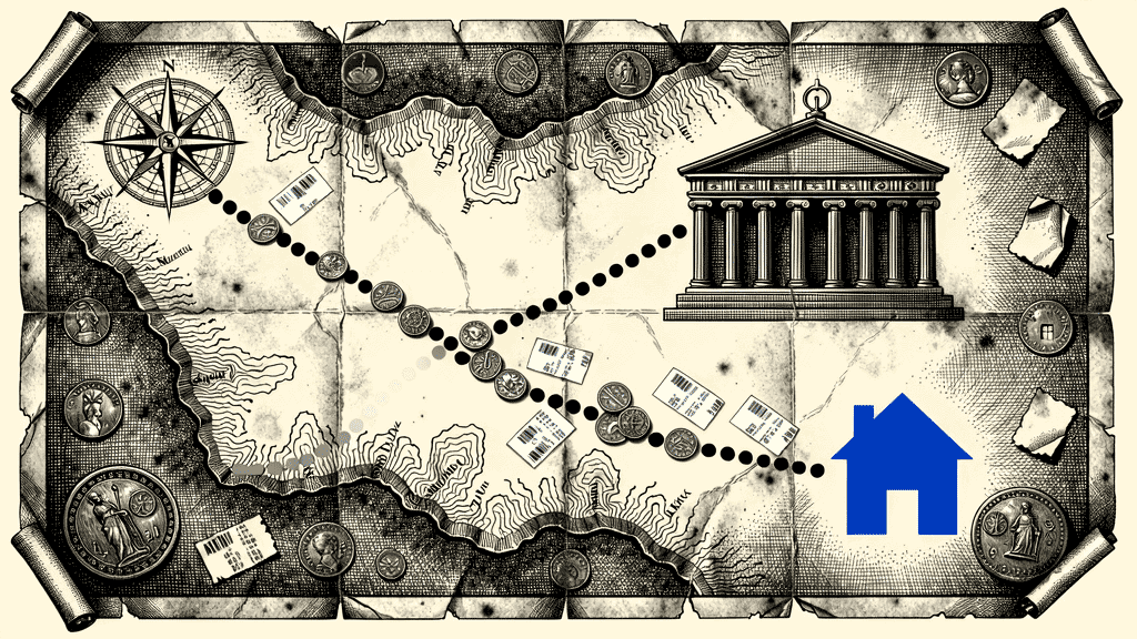 Illustration of a vintage parchment treasure map with a compass, scattered coins and tickets along a dotted trail from a bank building to a blue house