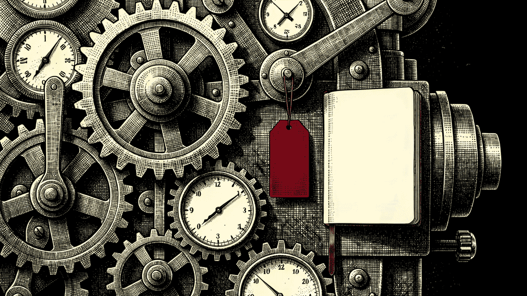 Illustration of brass clockwork gears and analog clocks with a red price tag hanging beside a blank open notebook