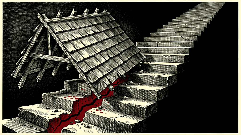 Woodcut illustration of a shingled roof collapsed onto cracked stone stairs, with red running through the broken steps