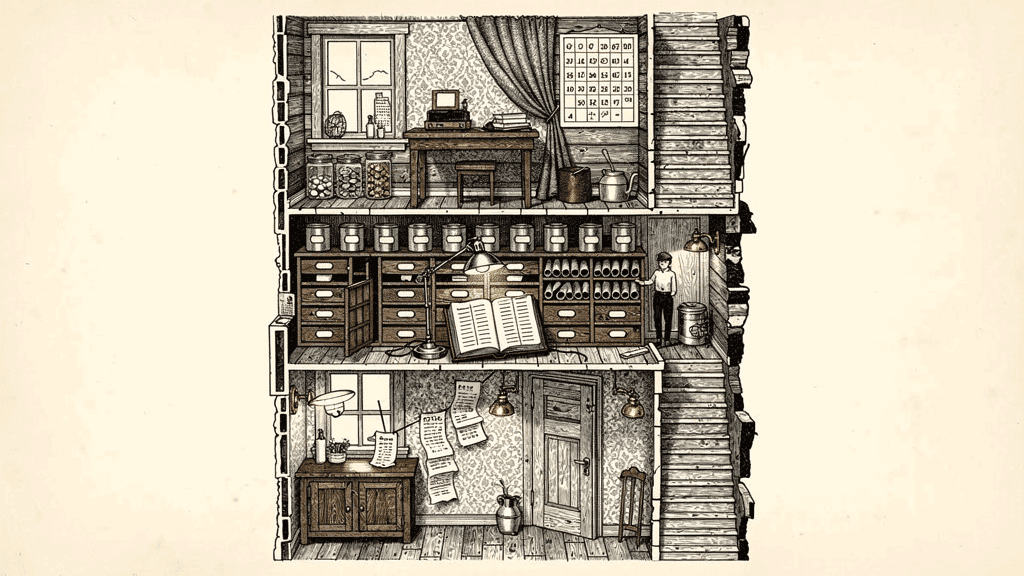 Illustration of a three-story house cutaway used as a filing room, with a card catalog, an open ledger, and receipts pinned beside the door