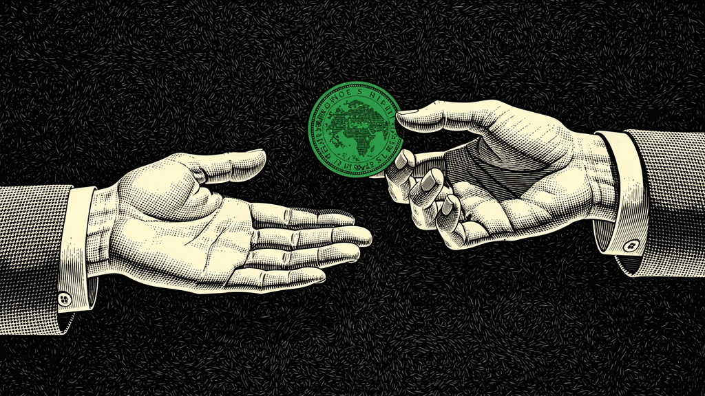 Woodcut illustration of one hand passing a green coin stamped with a globe to an open palm