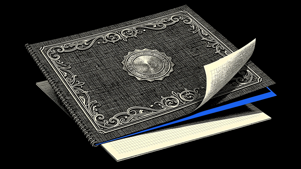 Illustration of an ornate ledger with a metal seal, a page curling back to reveal graph paper and a blue edge