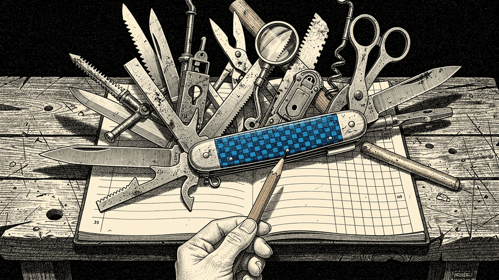 Woodcut illustration of a blue checkered pocket knife sprung open into saws, scissors, and other tools across an open ledger