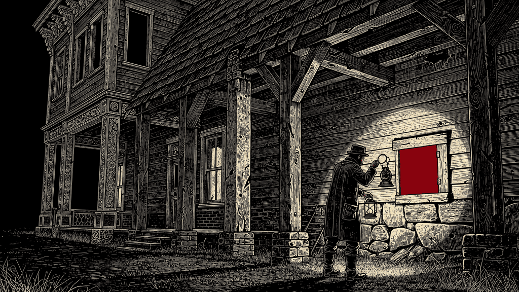 Woodcut illustration of a man in a hat holding a lantern up to a porch window filled with solid red