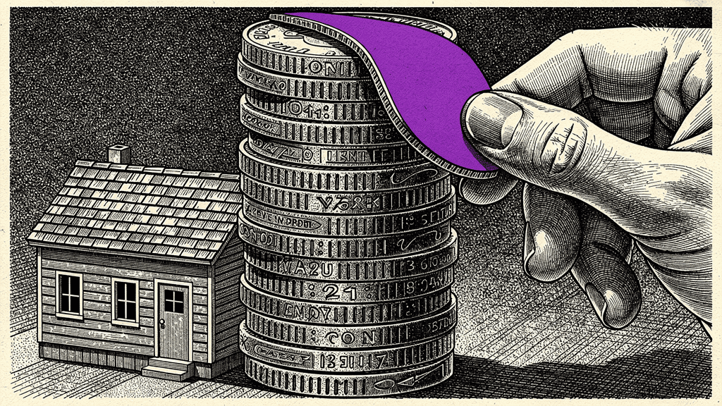 Woodcut illustration of a hand peeling a purple sheet off a tall stack of coins beside a small house