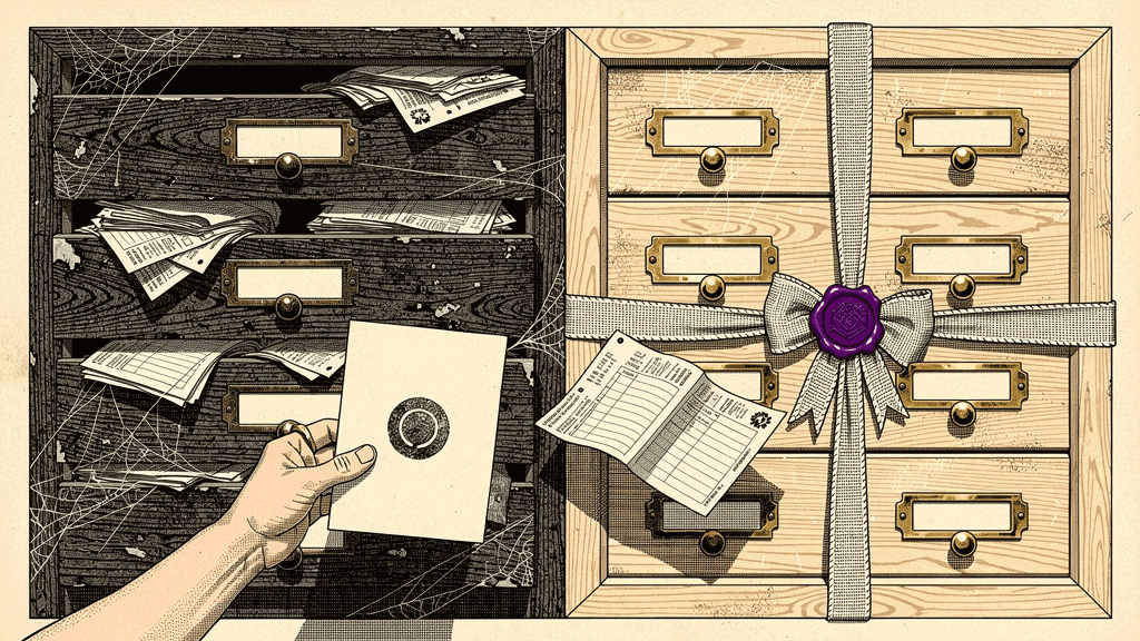 Illustration of two filing cabinets side by side: a cobwebbed cabinet with papers spilling out, and a neat cabinet tied with a ribbon and a purple wax seal