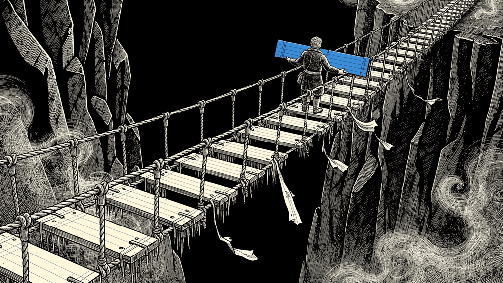 Woodcut illustration of a person carrying a blue ledger across a rope bridge of spreadsheet pages over a canyon, with papers falling into the gap