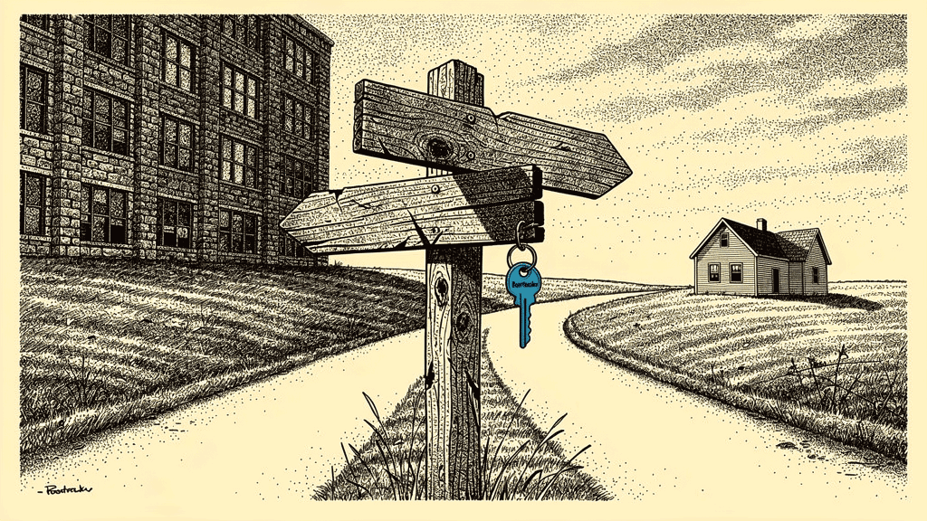 Illustration of a forked dirt road between a large brick building and a small house, with a blue Doortrackr key hanging from a wooden signpost