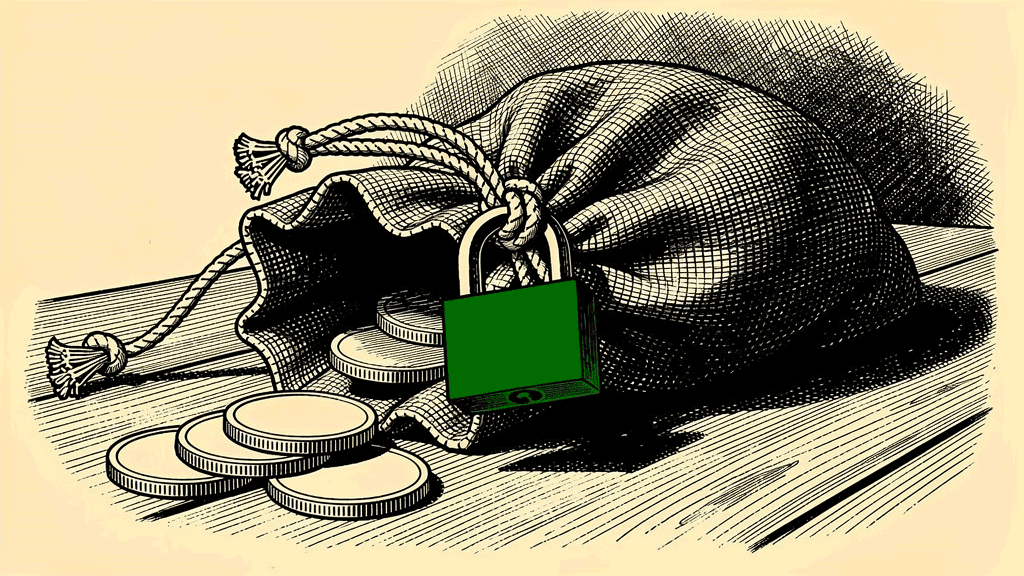 Woodcut illustration of a tied coin pouch locked with a green padlock, with coins spilled on a wooden table