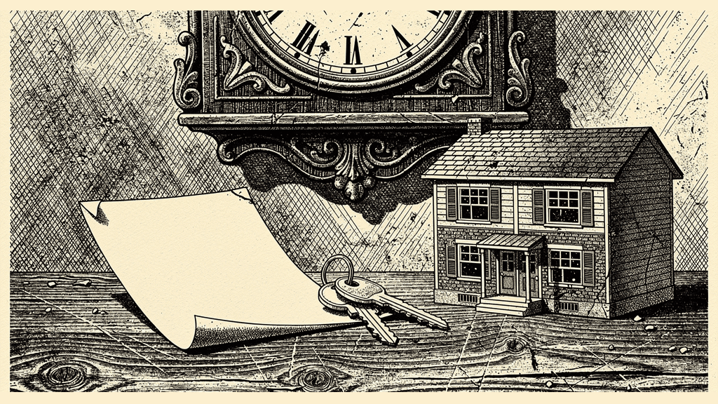 Woodcut illustration of a house, a blank deed, and a set of keys on a wooden table beneath an ornate clock