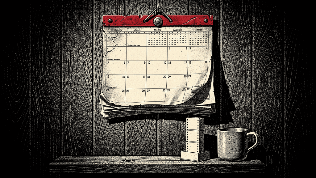 Woodcut illustration of a wall calendar with a red header and torn pages, next to a film strip and a coffee mug on a wooden shelf