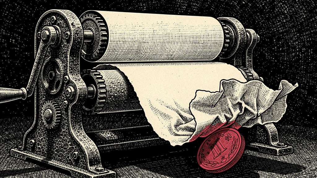 Woodcut illustration of a roller press feeding a crumpled sheet over a red coin